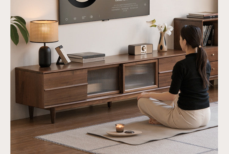 Black Walnut, Ash Solid Wood, Solid Longan Hardwood TV Cabinet with Sliding Door Storage
