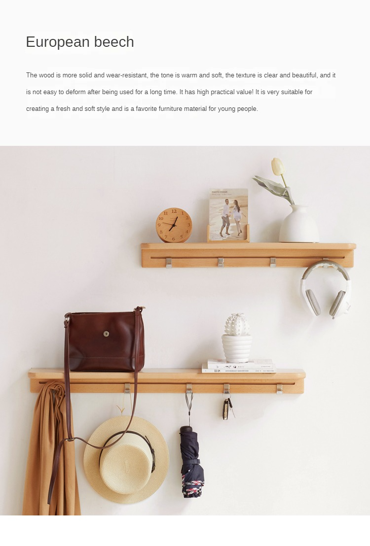 Beech Solid Wood Wall Shelf With Hooks