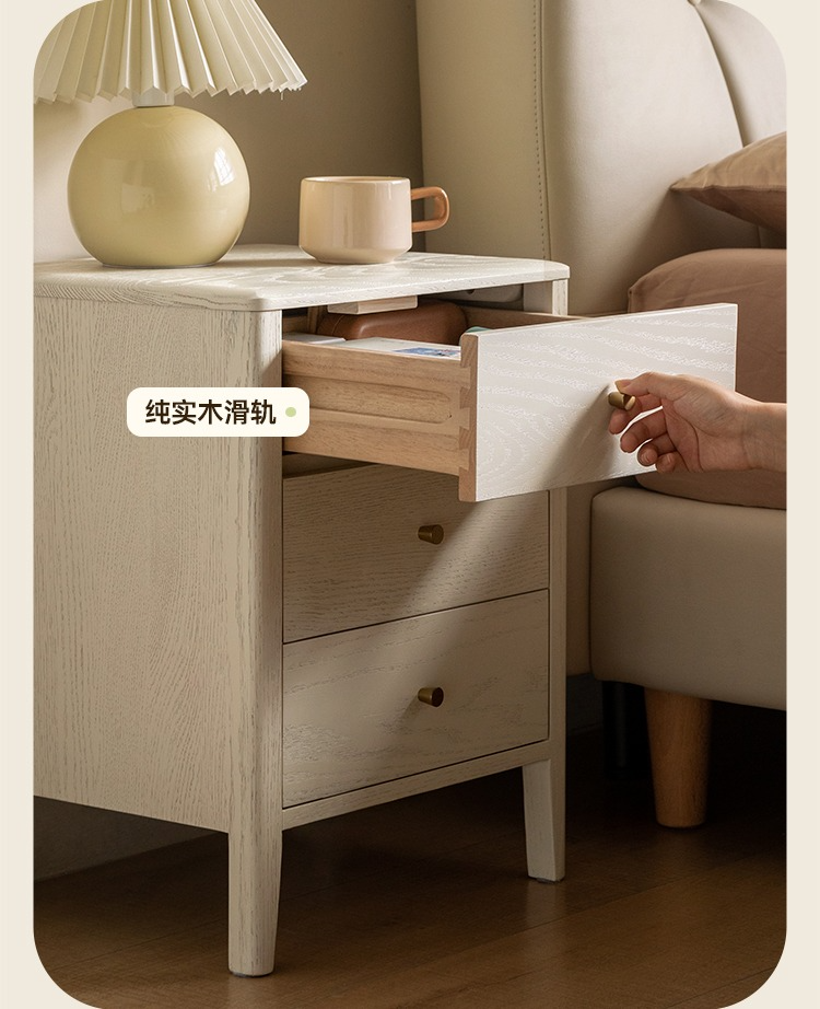 Oak Solid Wood, Solid RubberWood Nightstand Cream Style)