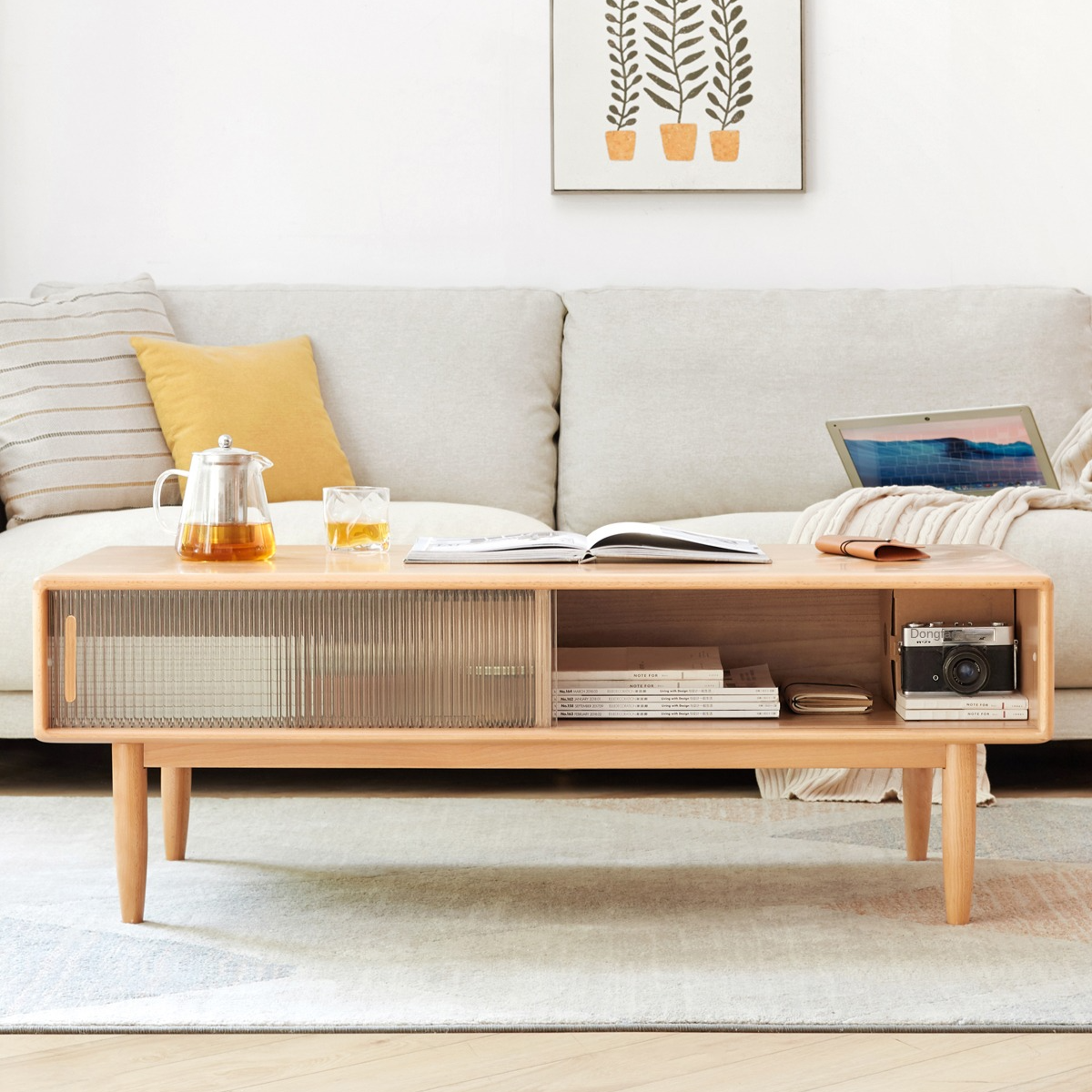 Beech Solid Wood Glass Sliding Door Coffee Table