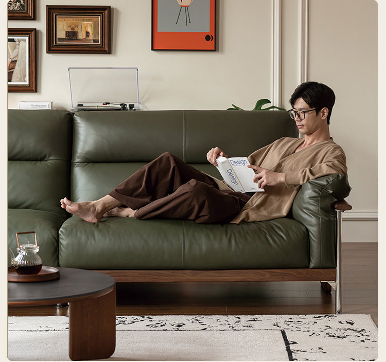 Black Walnut Solid Wood Italian Leather Sofa-