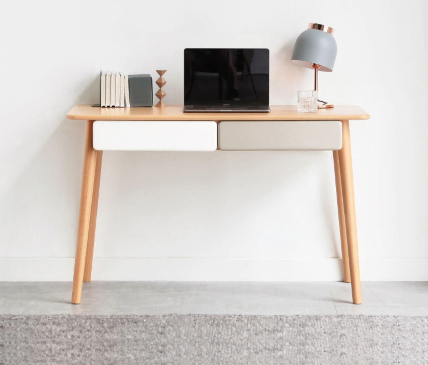 Beech Solid Wood Office Desk with 2 Drawers