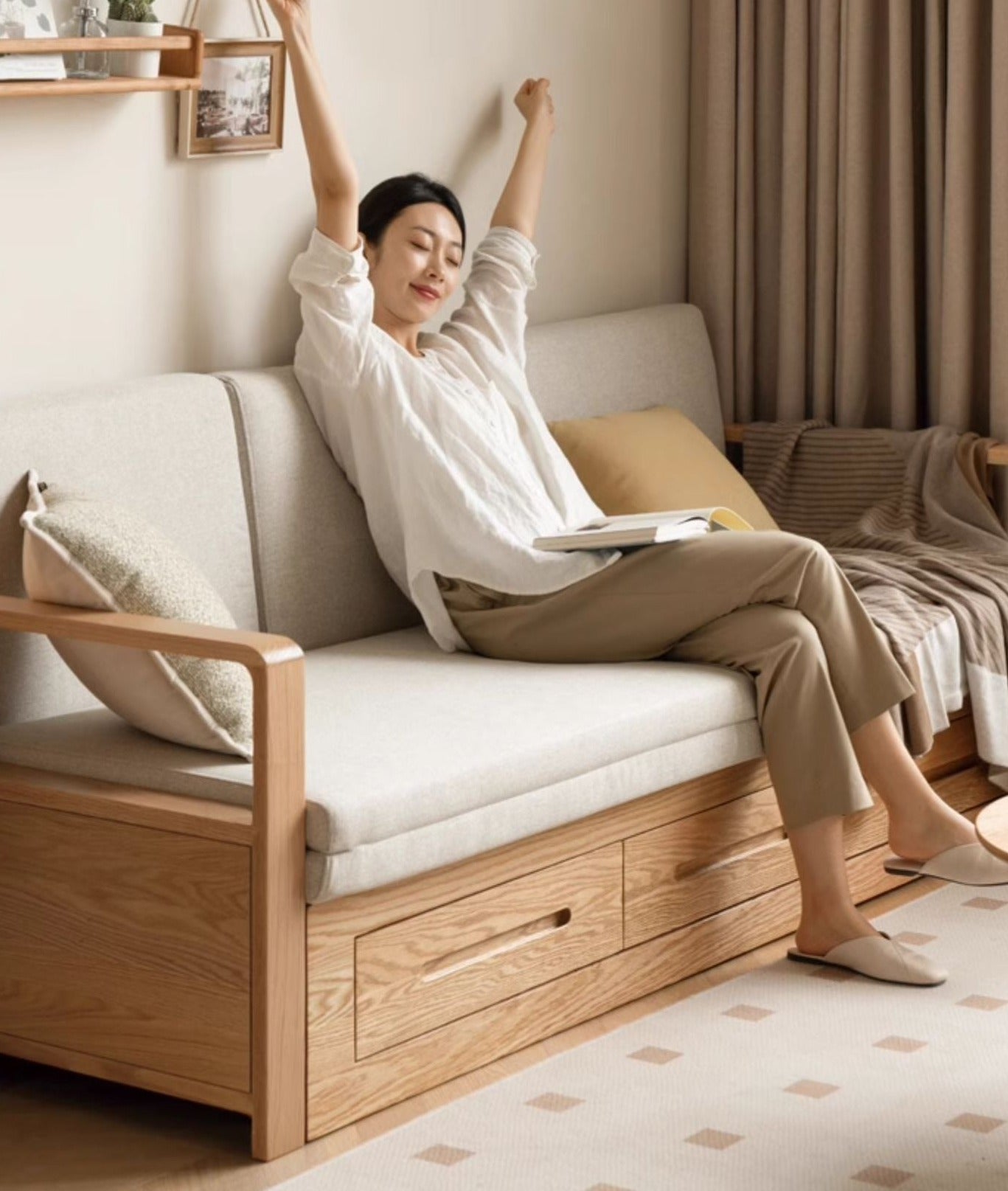 Oak, Ash Solid Woof Folding Storage Sofa Bed.