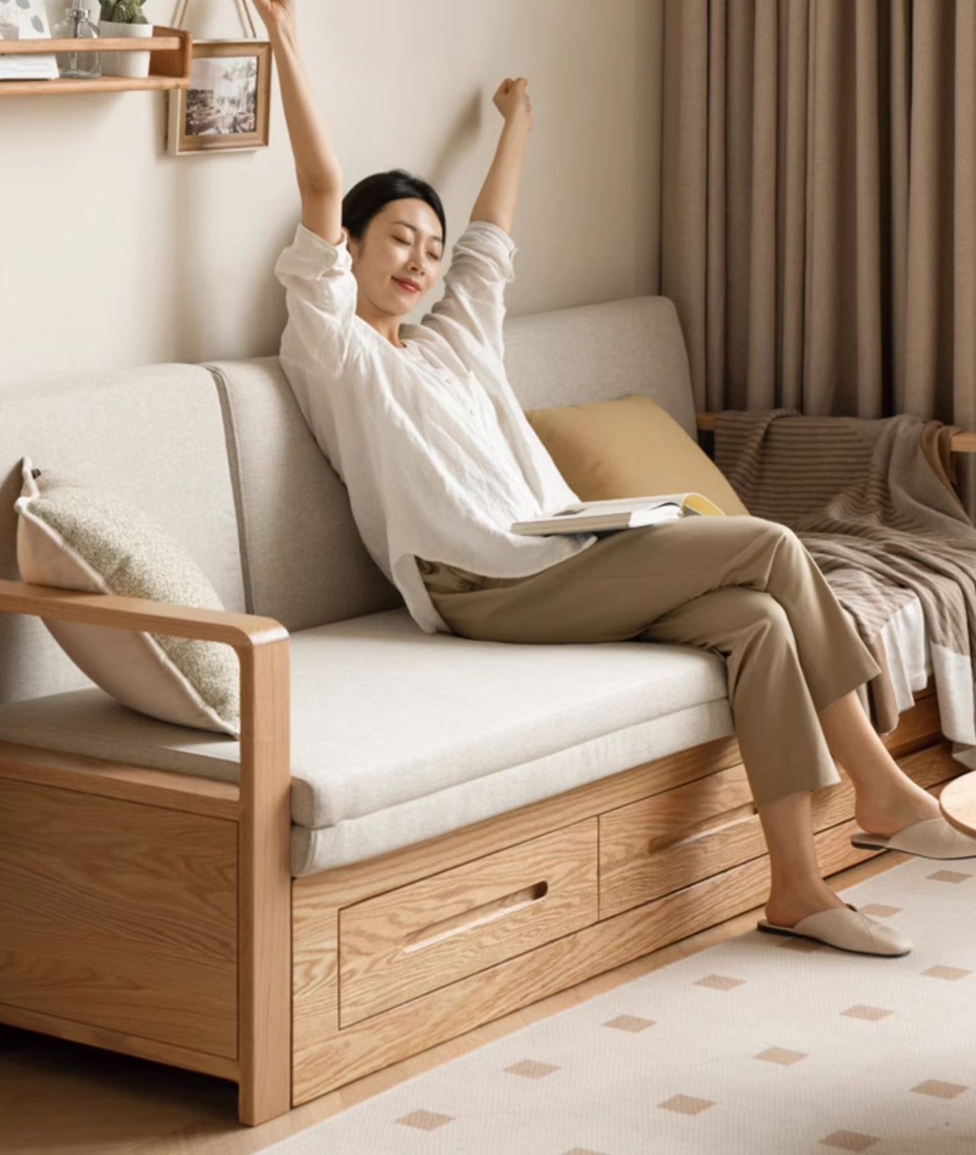 Oak, Ash Solid Woof Folding Storage Sofa Bed.