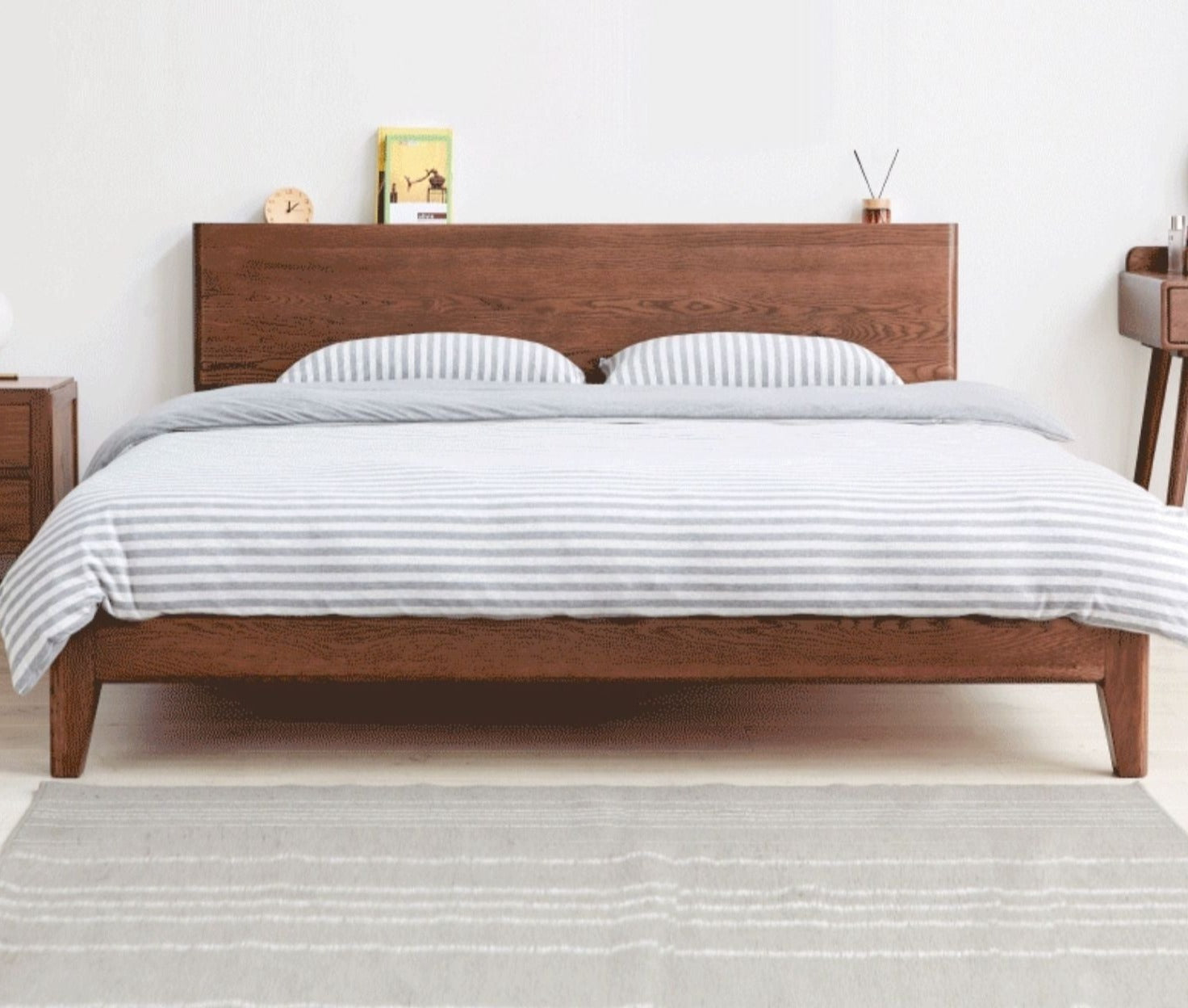 Modern oak solid wood Walnut color bed LED night lights"