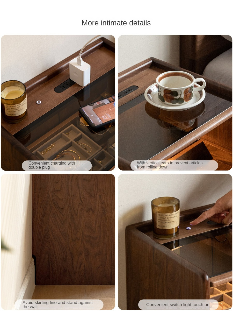 Black Walnut, Oak, Sandalwood Solid Wood Nightstand Socket, Lamp