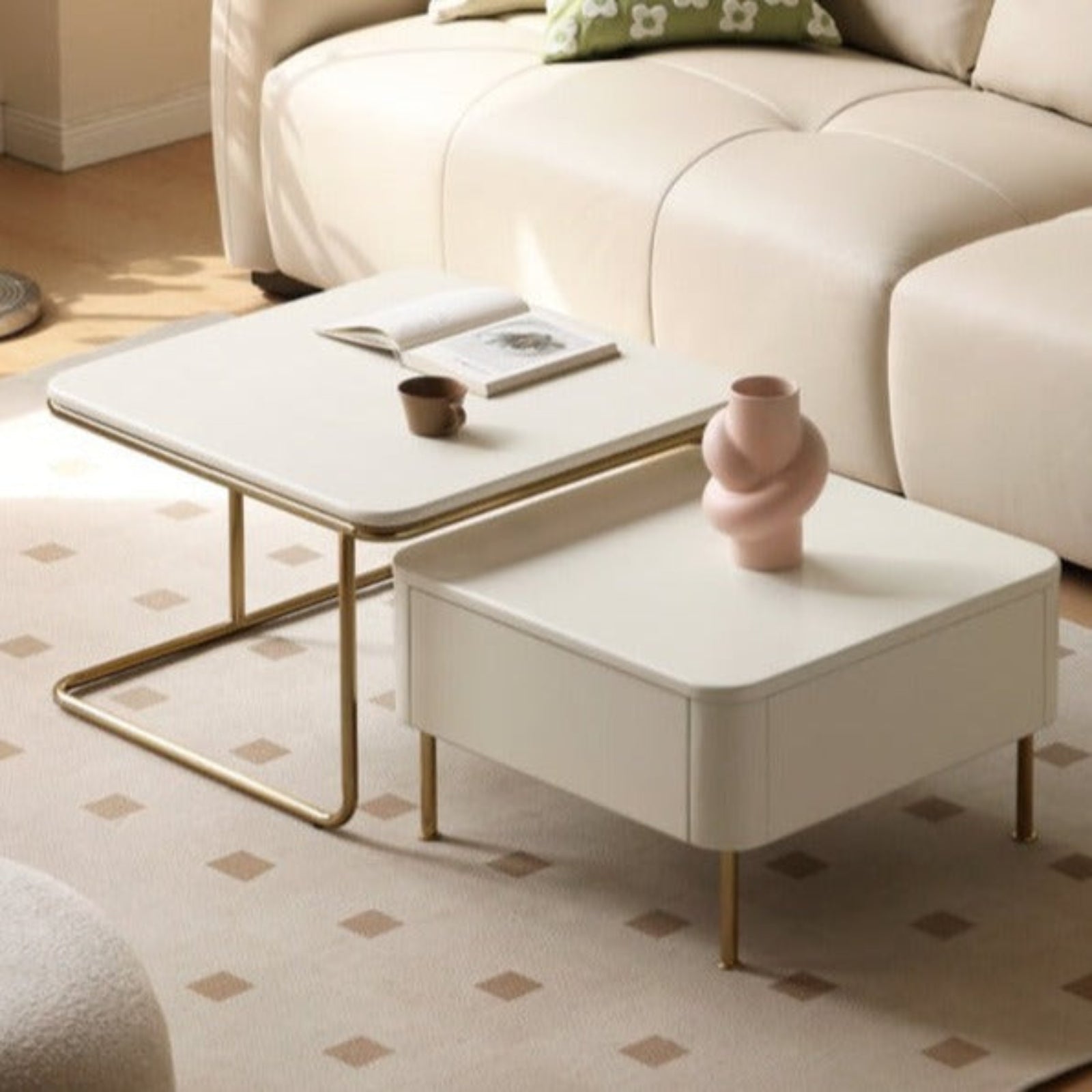 Solid RubberWood Combination Telescopic Coffee Table Cream Wind
