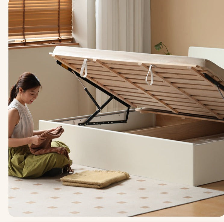 Rubber Wood,Poplar Solid Wood Box Bed, Cream Storage Bed