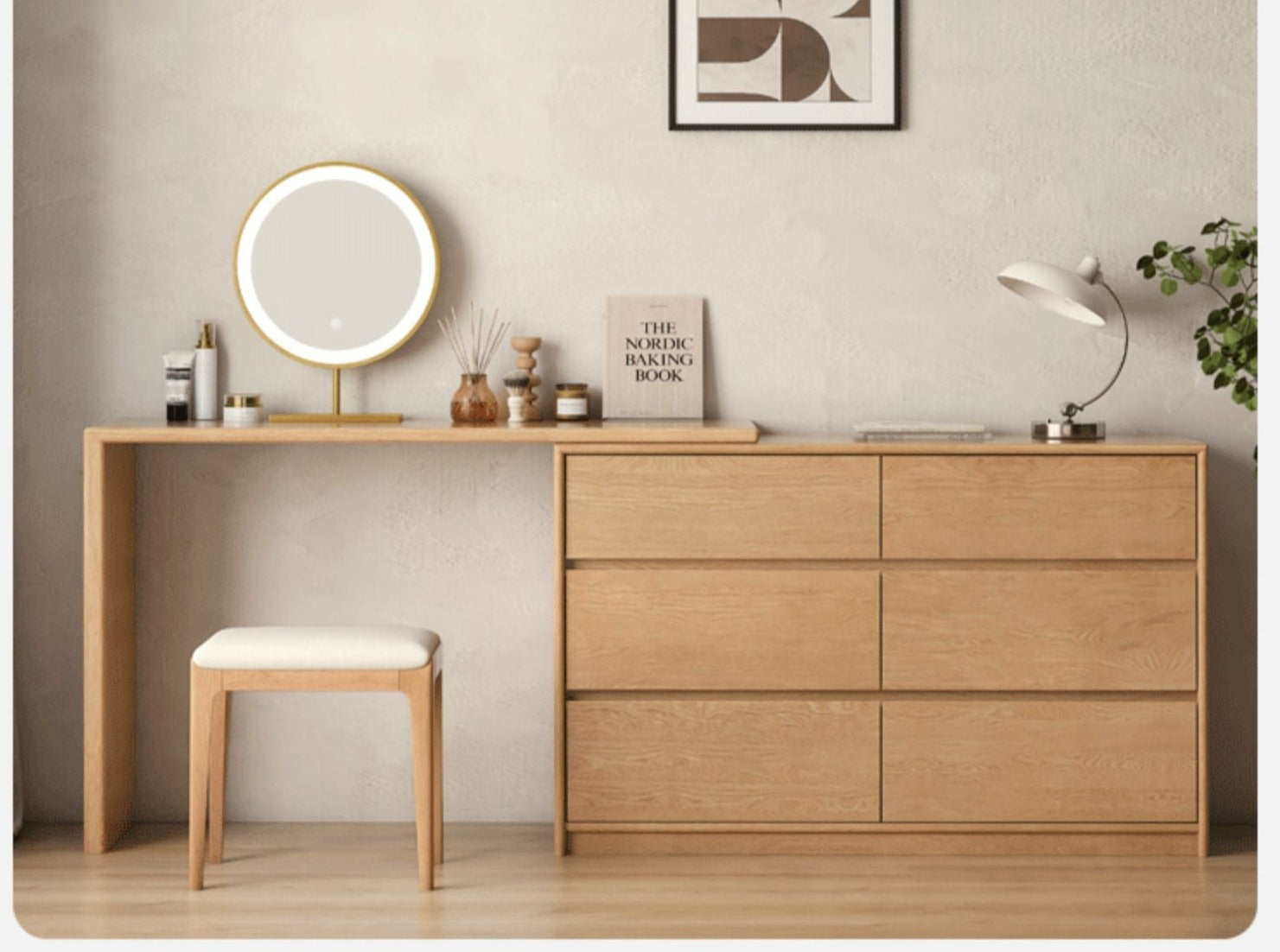 Oak, Solid Rubberwood Dressing Table L-Shaped Corner