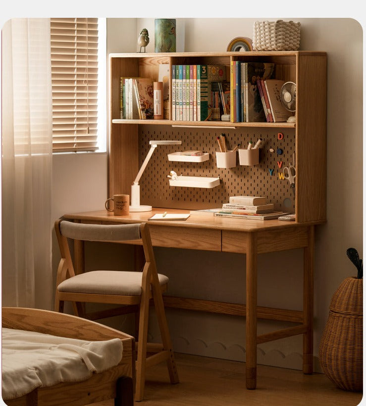Oak Solid Wood Kids Lifting Study Desk Bookshelf