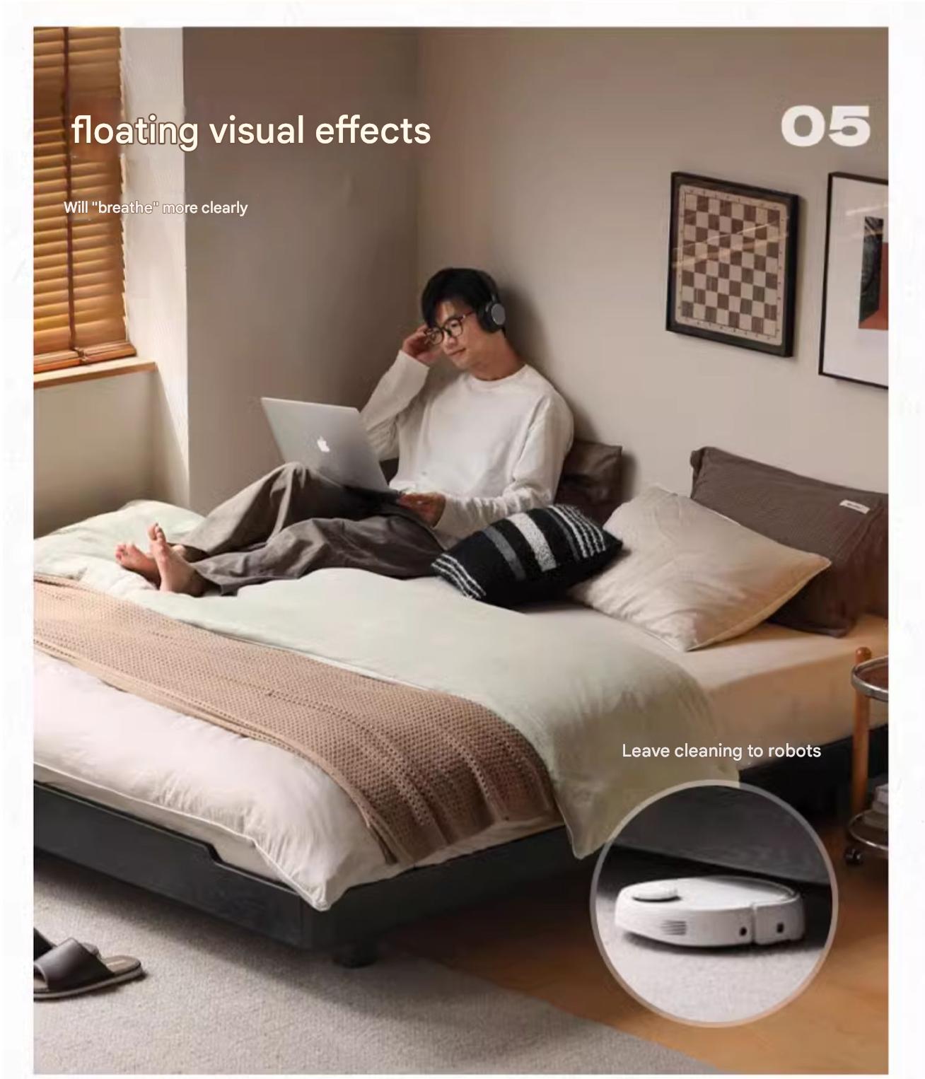 Oak, Rubberwood, Ash Solid Wood Suspended Platform Bed, Headboard-Free Bed Black with Light