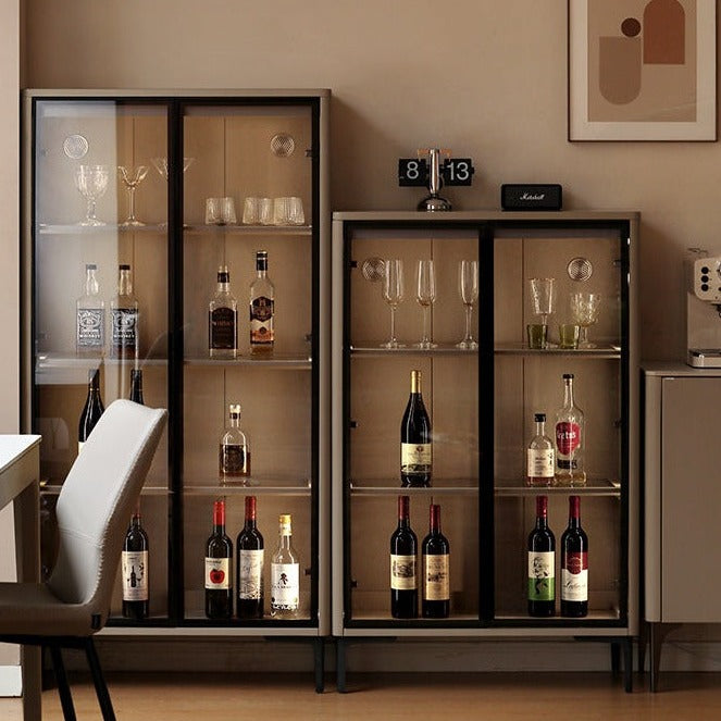 Poplar Solid Wood Wine Cabinet, Luxury Glass Door Display Cabinet LED lighting-