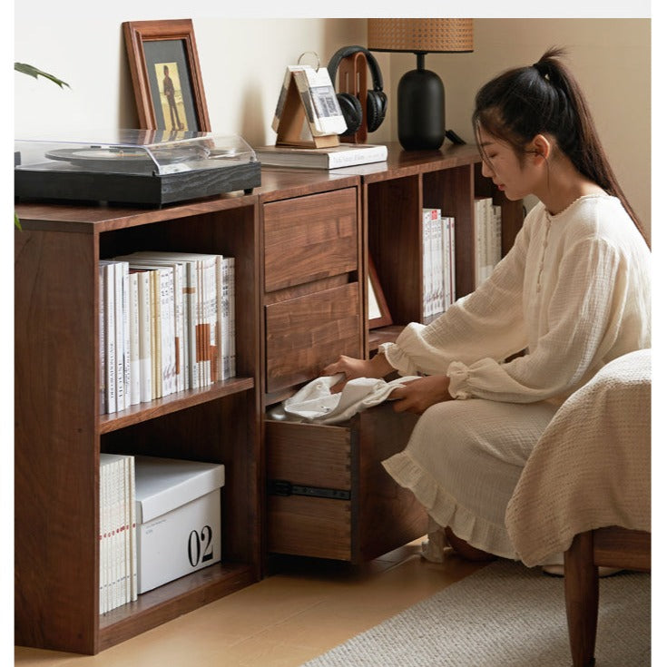 Black Walnut, Rubberwood Solid Wood Low Bookshelf Combination Floor-Standing Cabinet