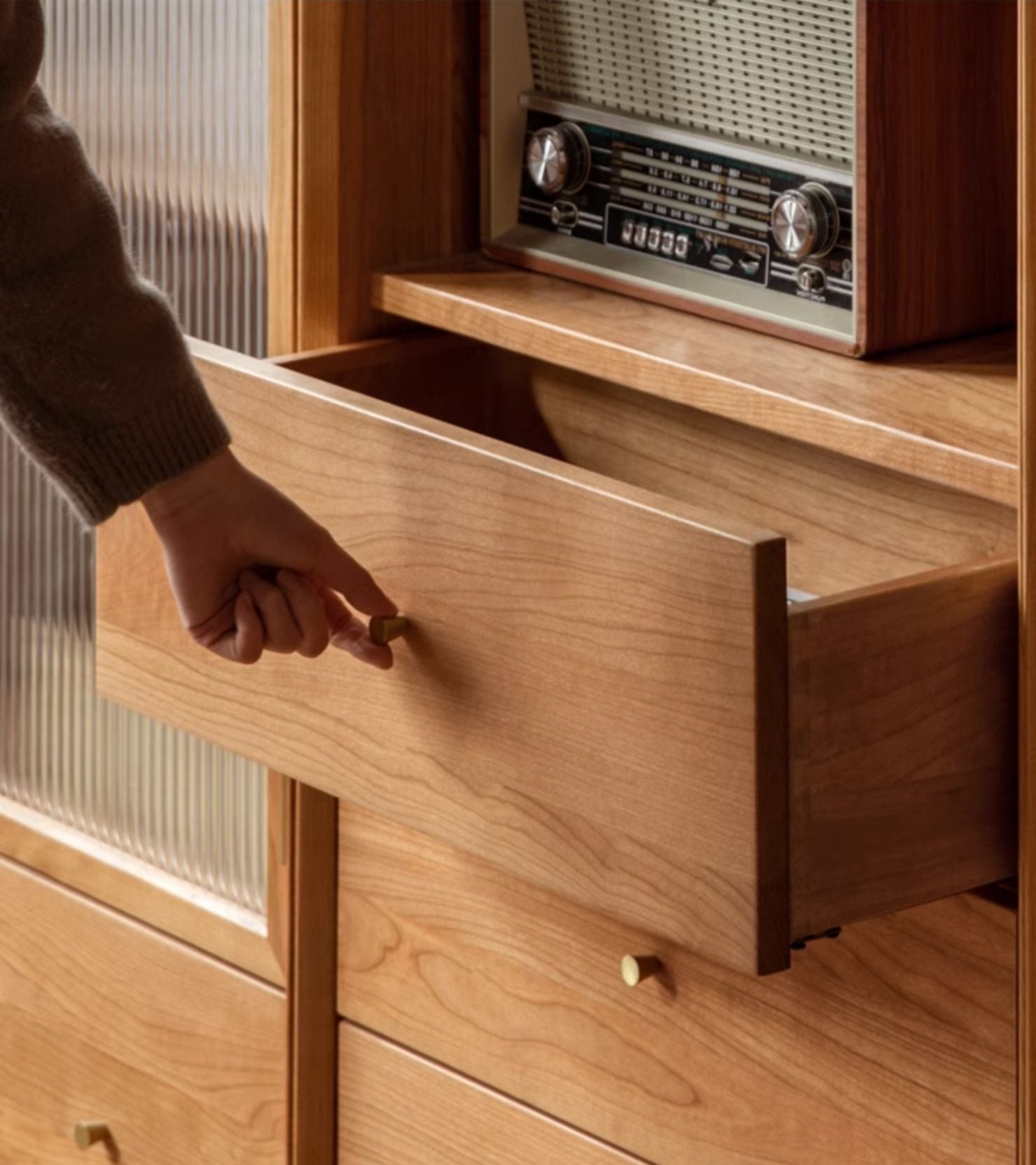 Cherry Wood Combination Bookcase Floor Shelf Glass Door Bookcase