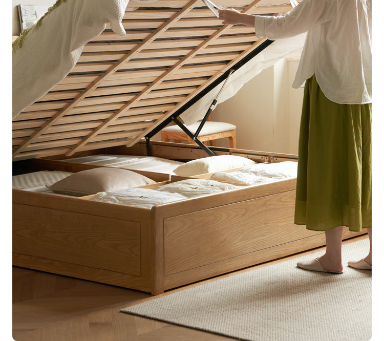 Ash Solid Wood Genuine Leather, Technical Cloth Box Storage Bed