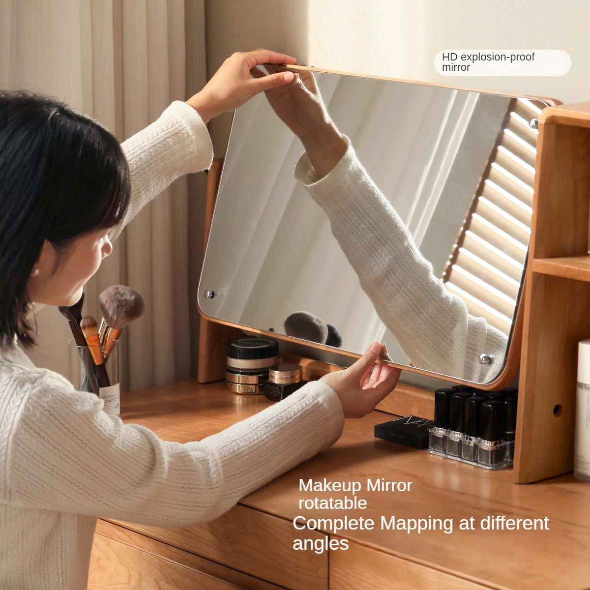 Cherry Solid Wood Vanity Table Nordic Makeup Mirror.