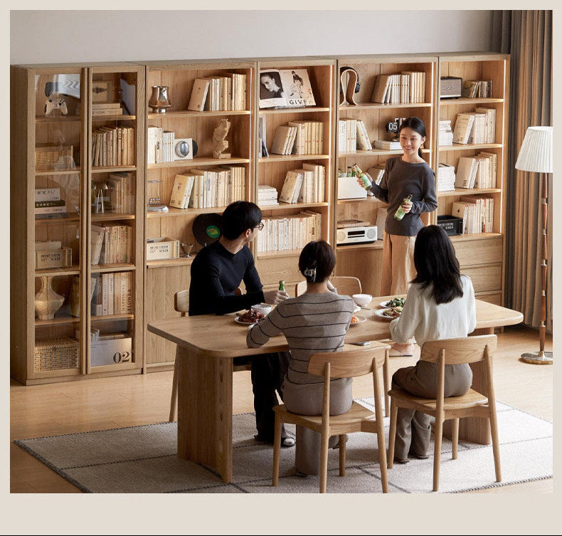 White Oak Solid Wood Bookcase and Display Cabinet with Glass Doors and Built-In Lights