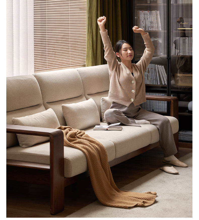 Oak Solid Wood High Back Fabric Corner Sofa Modern.