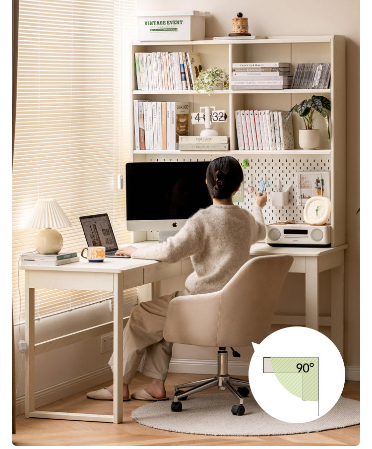 Oak Solid Wood Modern Cream Style Desk and Bookshelf Integrated