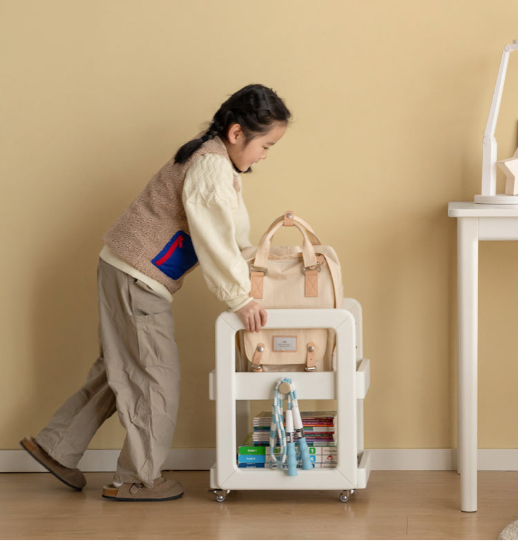 Rubber Solid Wood White Cream Style Under-Desk Movable Storage Rack.