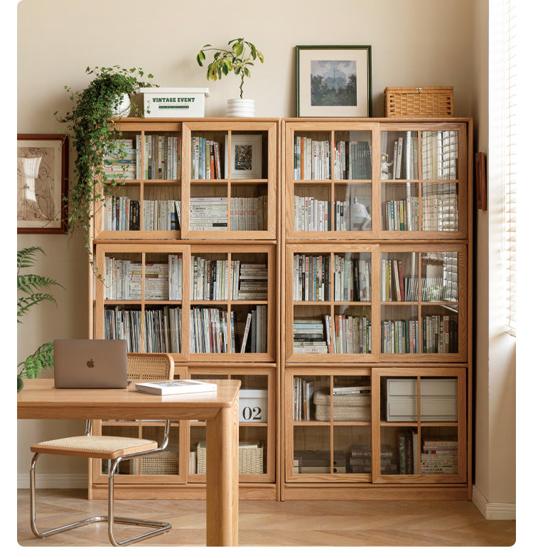 Oak Solid Wood Bookcase Floor to Floor Free Combination Sliding Door