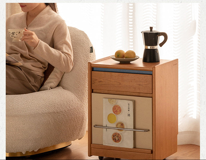 Cherry Solid Wood Nightstand with Storage Drawer and Magazine Holder with Wheels