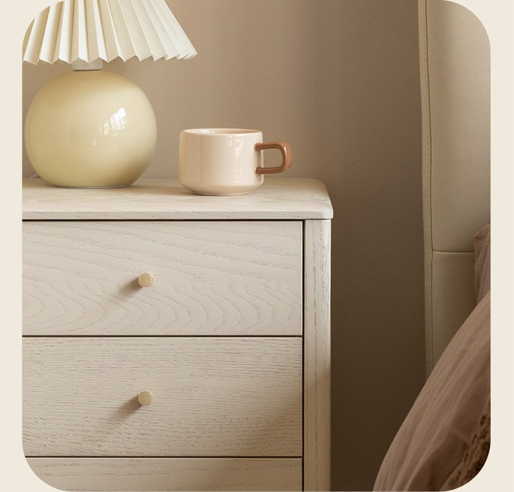 Oak Solid Wood, Solid RubberWood Nightstand Cream Style)