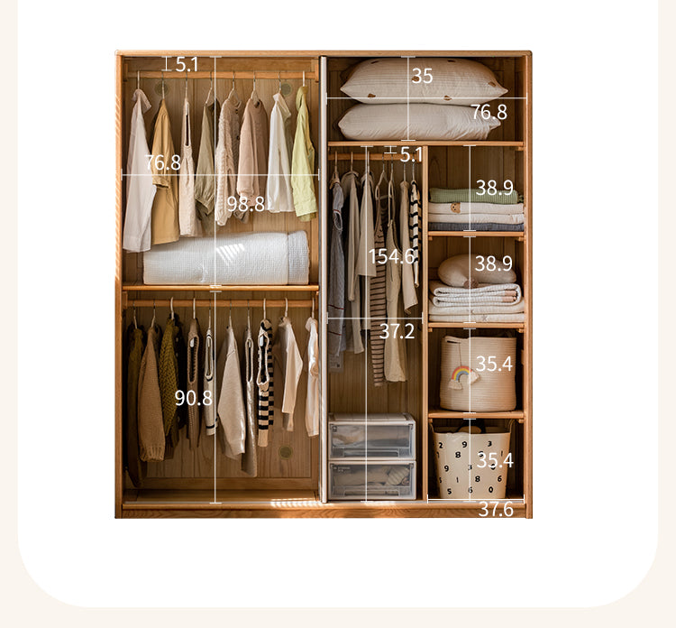 Oak Solid Wood Children's Sliding Door Wardrobe Storage Cabinet
