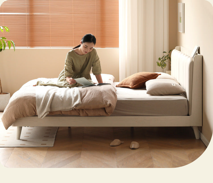 Oak Solid Wood Bed — Cream Style with White Harp Design, Home Charging Soft Backrest