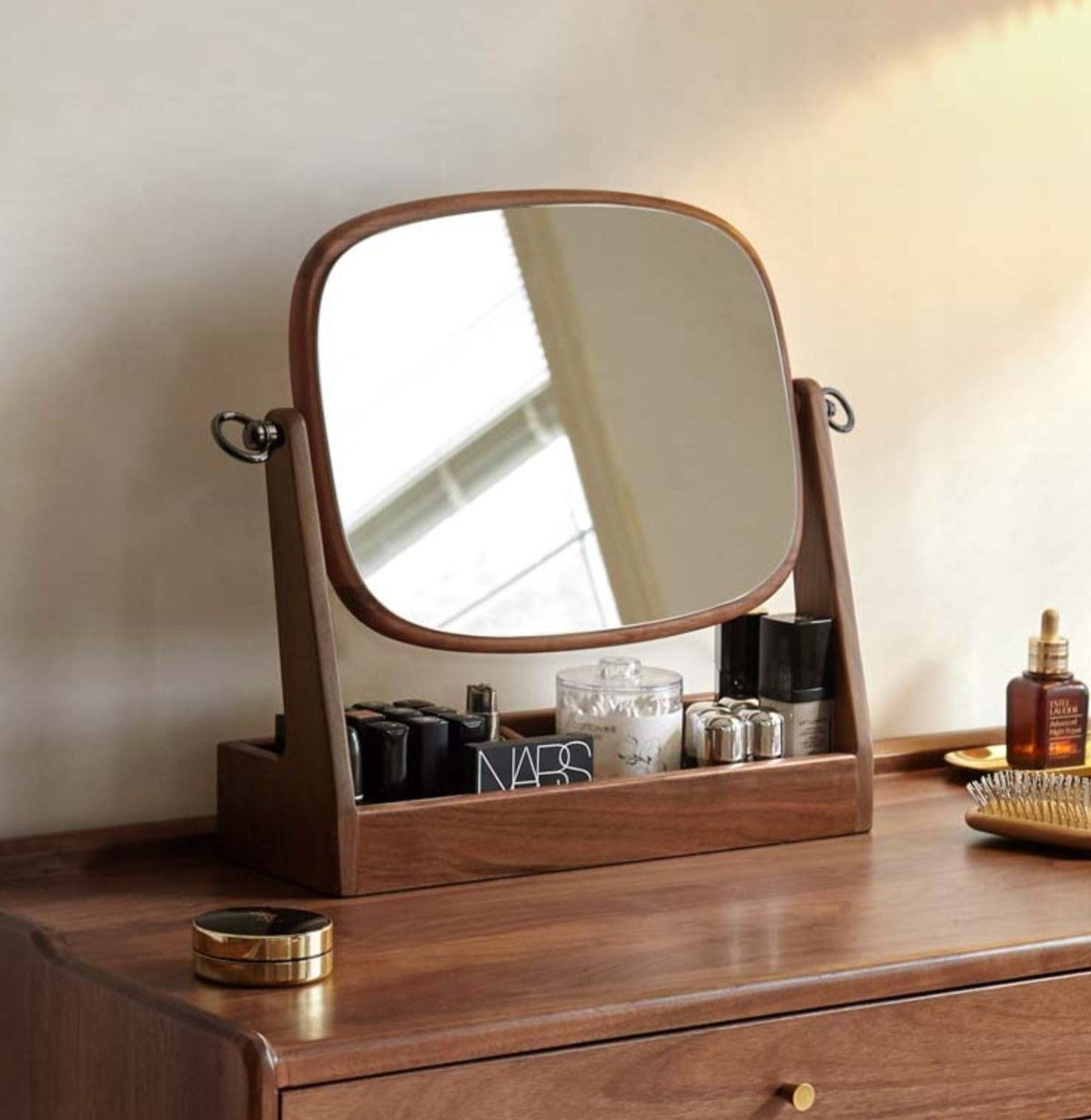 Black Walnut Solid Wood Makeup Mirror Storage Box Degree Rotation
