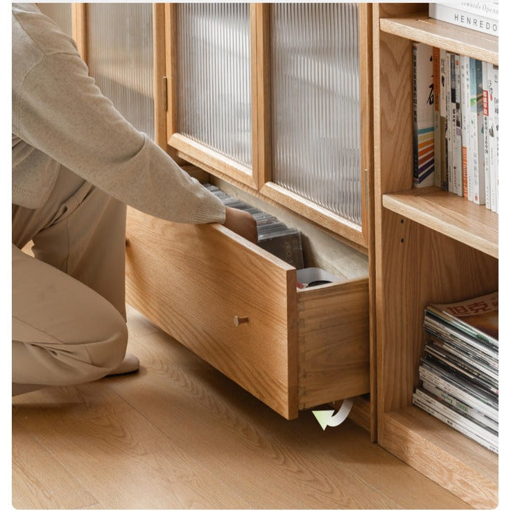 Oak Solid Wood Nordic Style Bookshelf with Floor Storage Cabinet