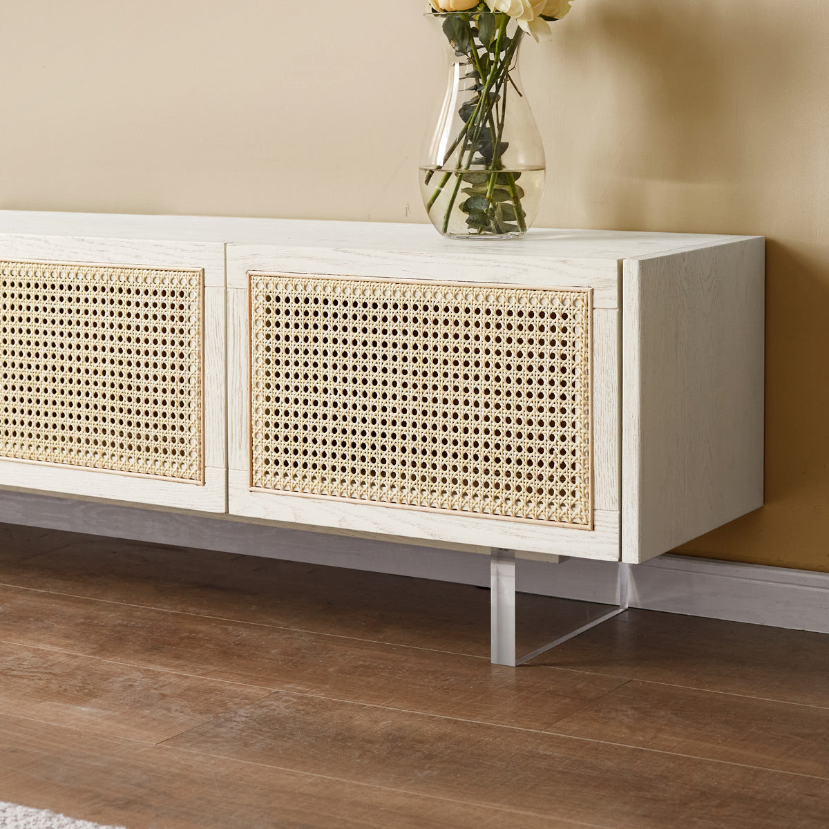 Ash Solid Wood Rattan TV Cabinet Cream Style LED Lights.