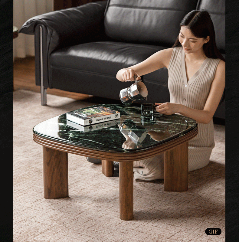 Oak Solid Wood Coffee Table with Green Marble Surface
