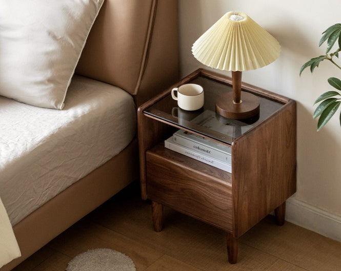 Black walnut, Caluswood Solid Wood Night Stand Glass Countertop