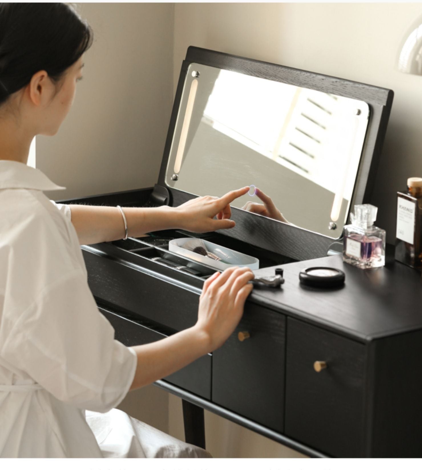 Oak Solid Wood Black Makeup Table Mirror LED Touch.