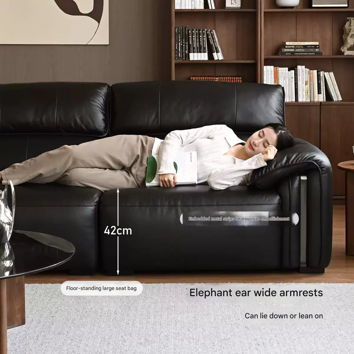 Leather Italian Light Luxury Black Straight Line Sofa