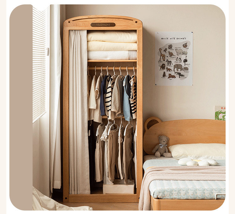 Oak Solid Wood, Solid Rubberwood Kids's Simple Wardrobe