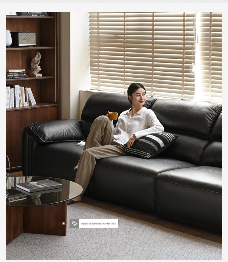 Leather Italian Light Luxury Black Straight Line Sofa