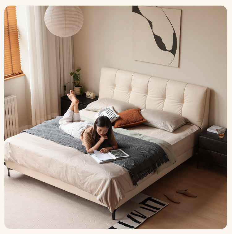 Genuine Leather, Ecological Cloud Leather Bed Cream Style Light Luxury