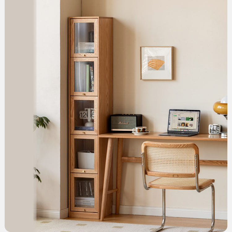 Oak Solid Wood Bookcase Corner Glass Flip Door