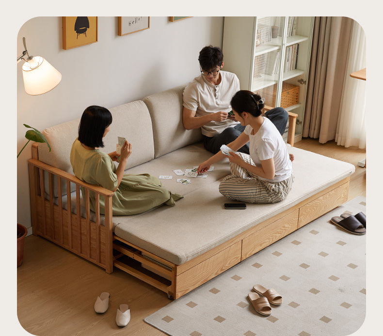 Oak Solid Wood Sitting and Sleeping Dual-purpose Storage Sofa.