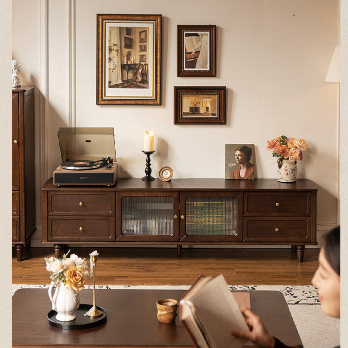 Ash Solid Wood Vintage TV Console with Fluted Glass Doors