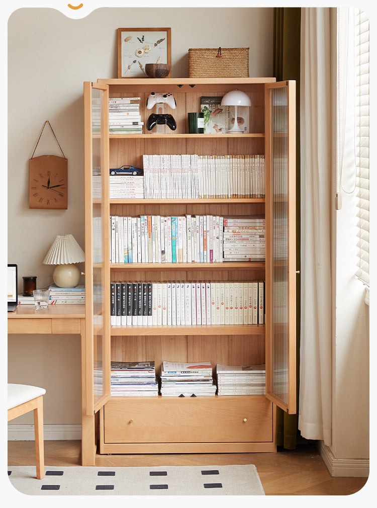 Beech European Solid Wood Bookshelf, Glass Door Storage Display Cabinet