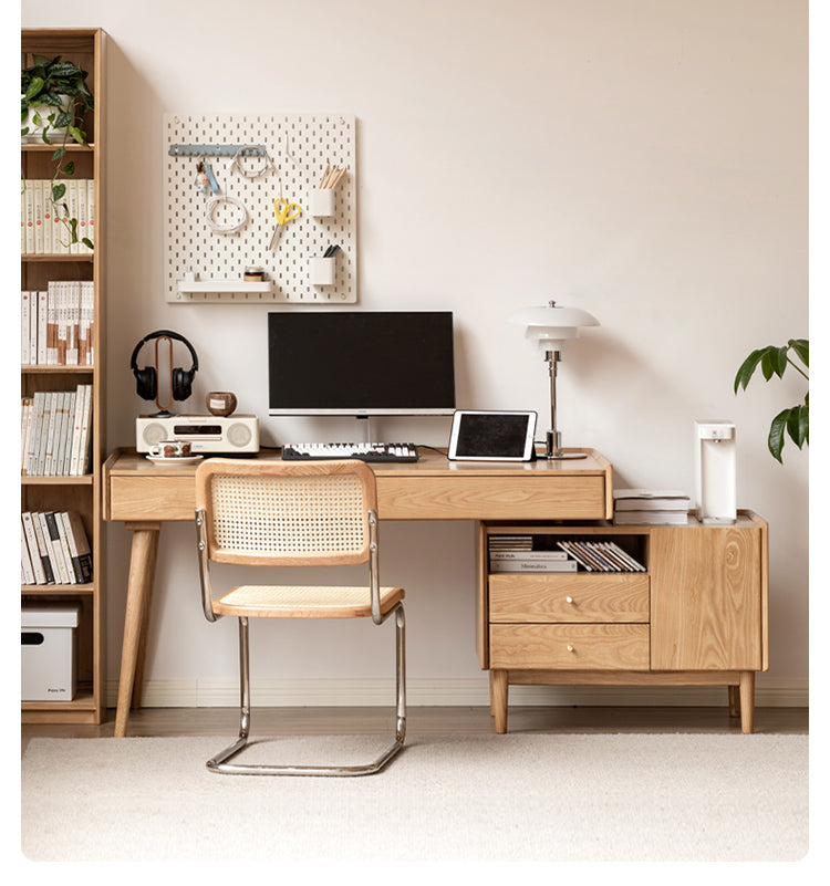 Ash Solid Wood Retractable Desk with Cabinet, Home Office