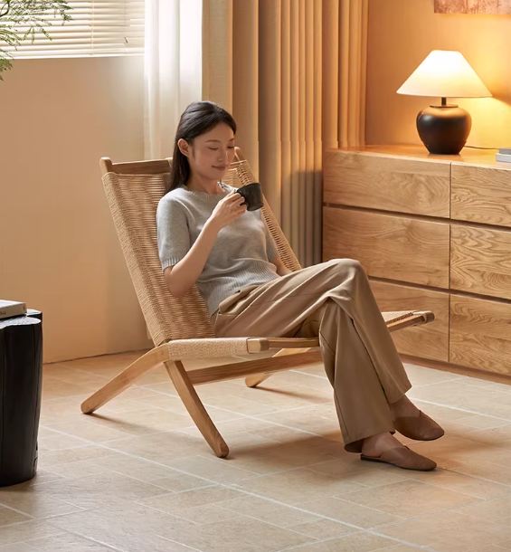 Oak Solid Wood Rope Weave Lounge Chair, Danish Mid Century Scandinavian Accent Chair