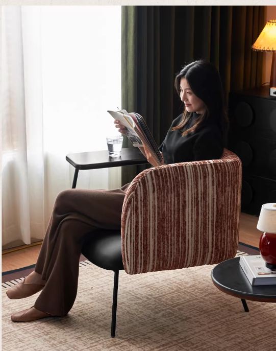 Modern Lounge Chair with Integrated Side Table, Upholstered Wraparound Accent Chair with Metal Frame