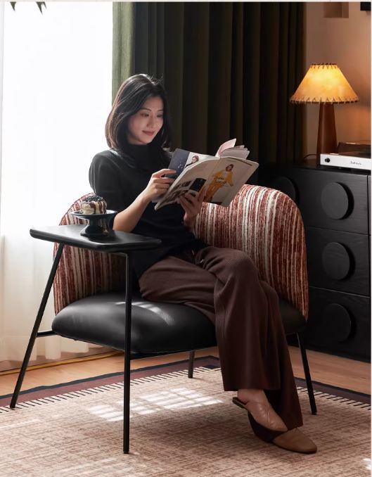 Modern Lounge Chair with Integrated Side Table, Upholstered Wraparound Accent Chair with Metal Frame