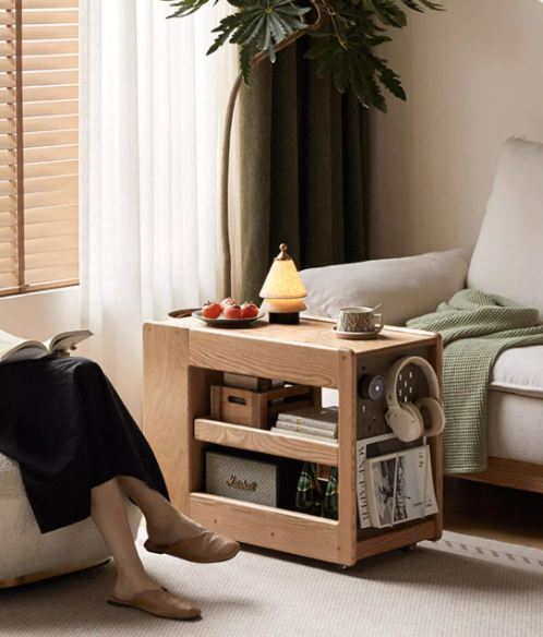 Oak Solid Wood Side Table with Mobile Trolley and Storage Functionality