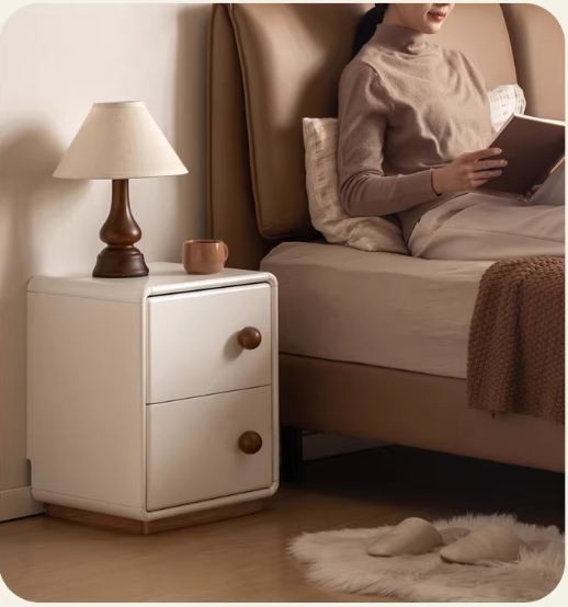 Solid Rubberwood Cream Style Narrow Nightstand