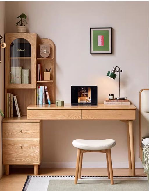 Oak Solid Wood Corner Office Desk with Integrated Bookshelf